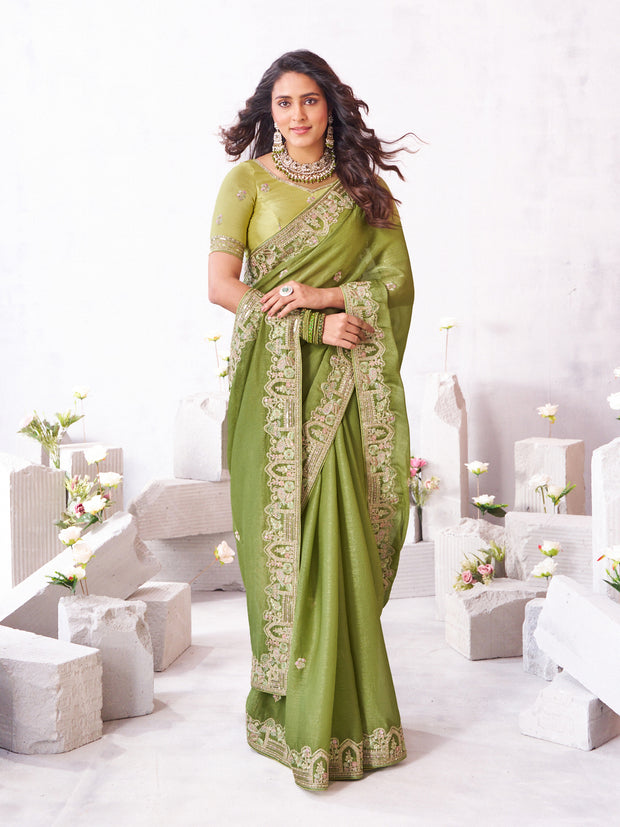 Laxmipati Arpita Green Chiffon Embroidered Saree