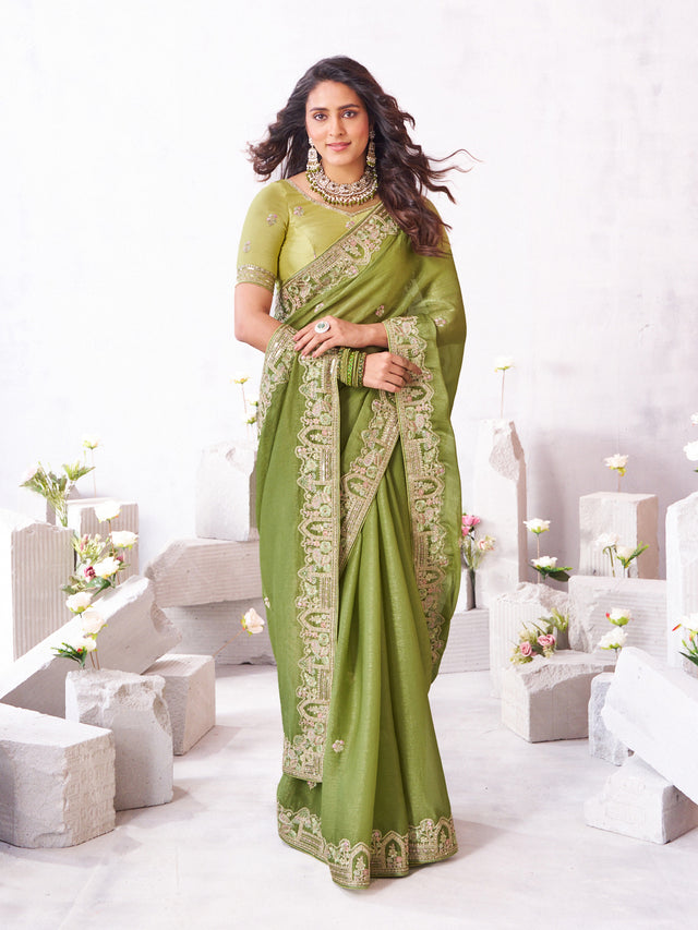 Laxmipati Arpita Green Chiffon Embroidered Saree