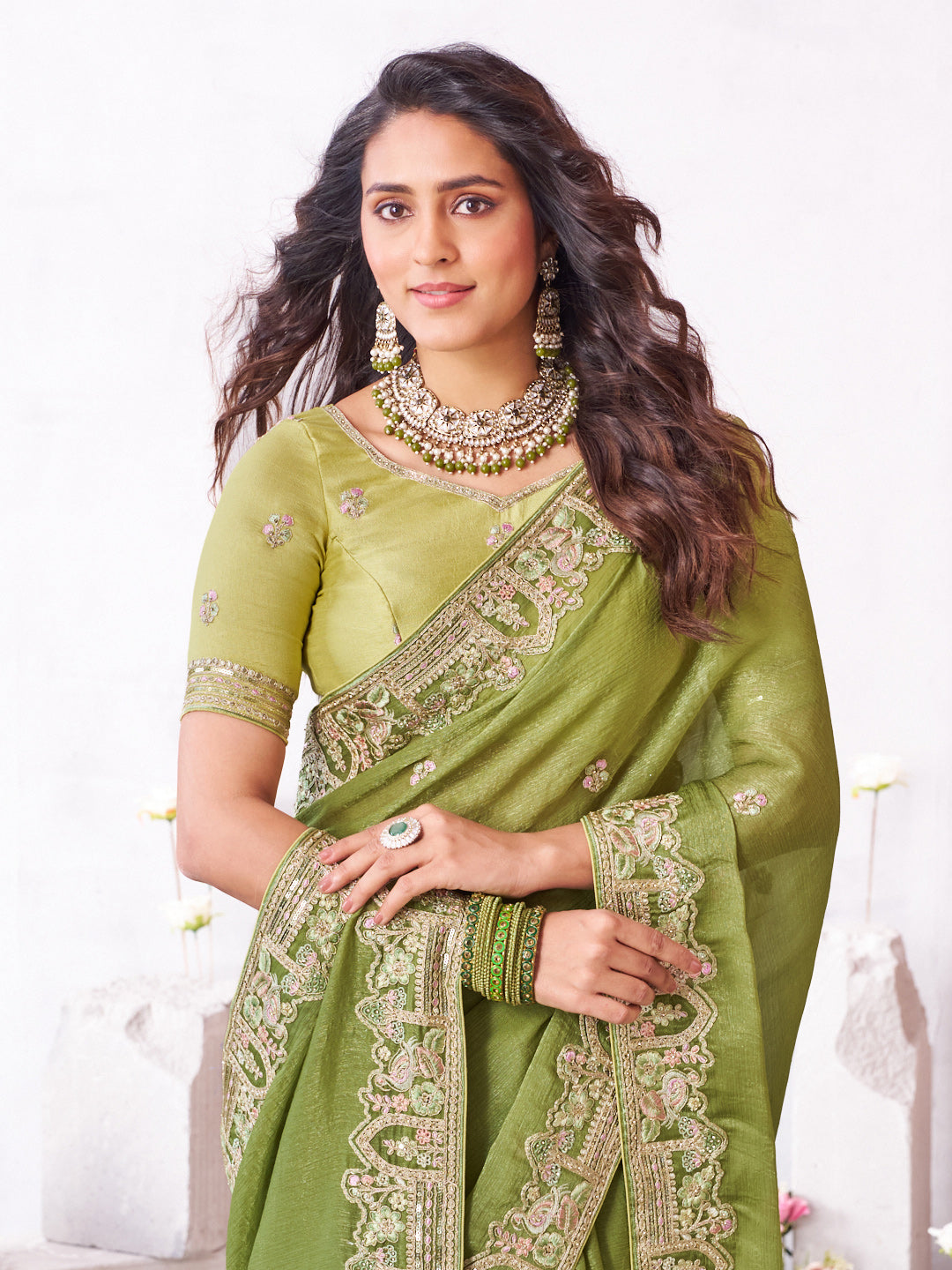 Laxmipati Arpita Green Chiffon Embroidered Saree