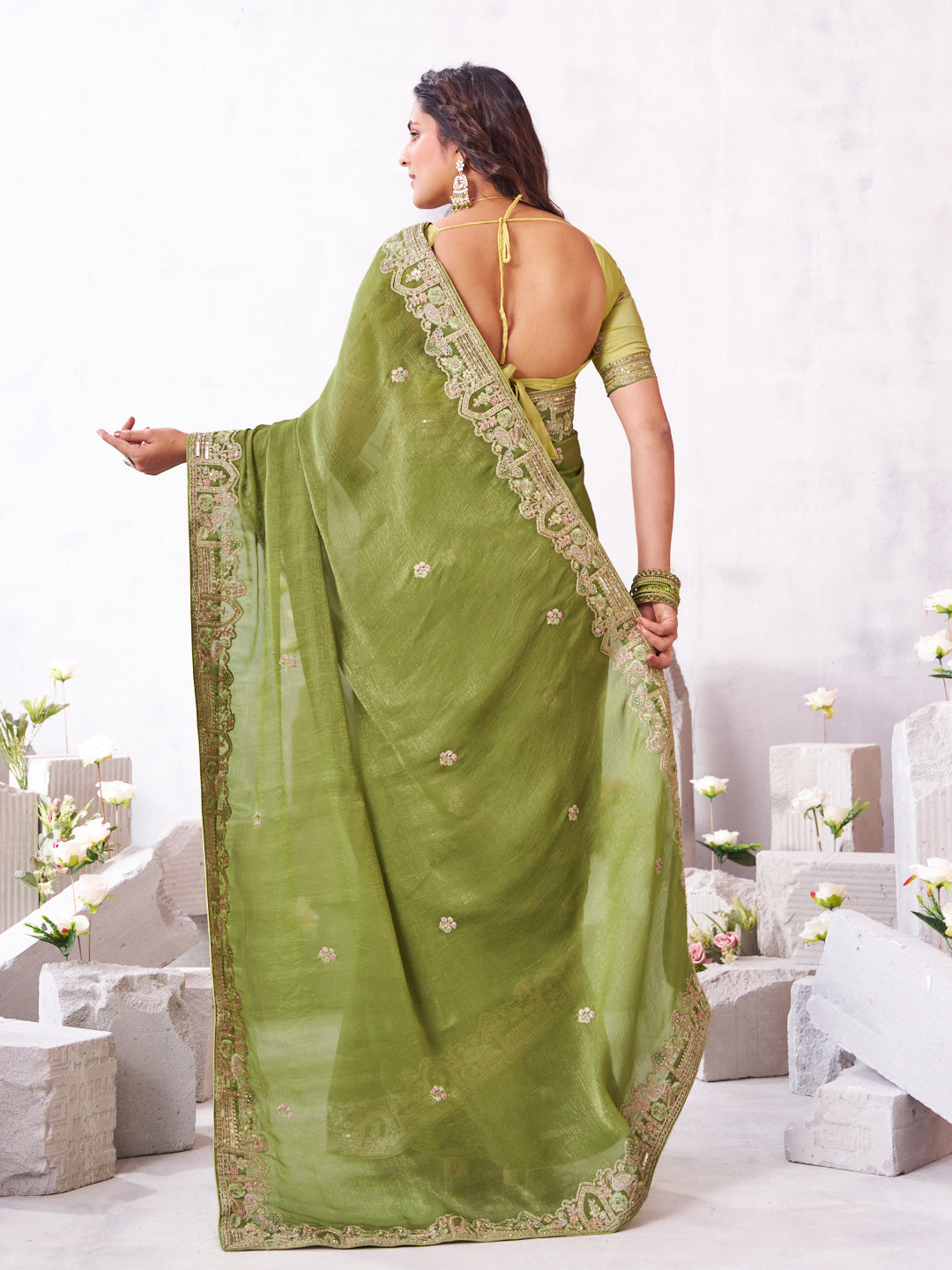 Laxmipati Arpita Green Chiffon Embroidered Saree