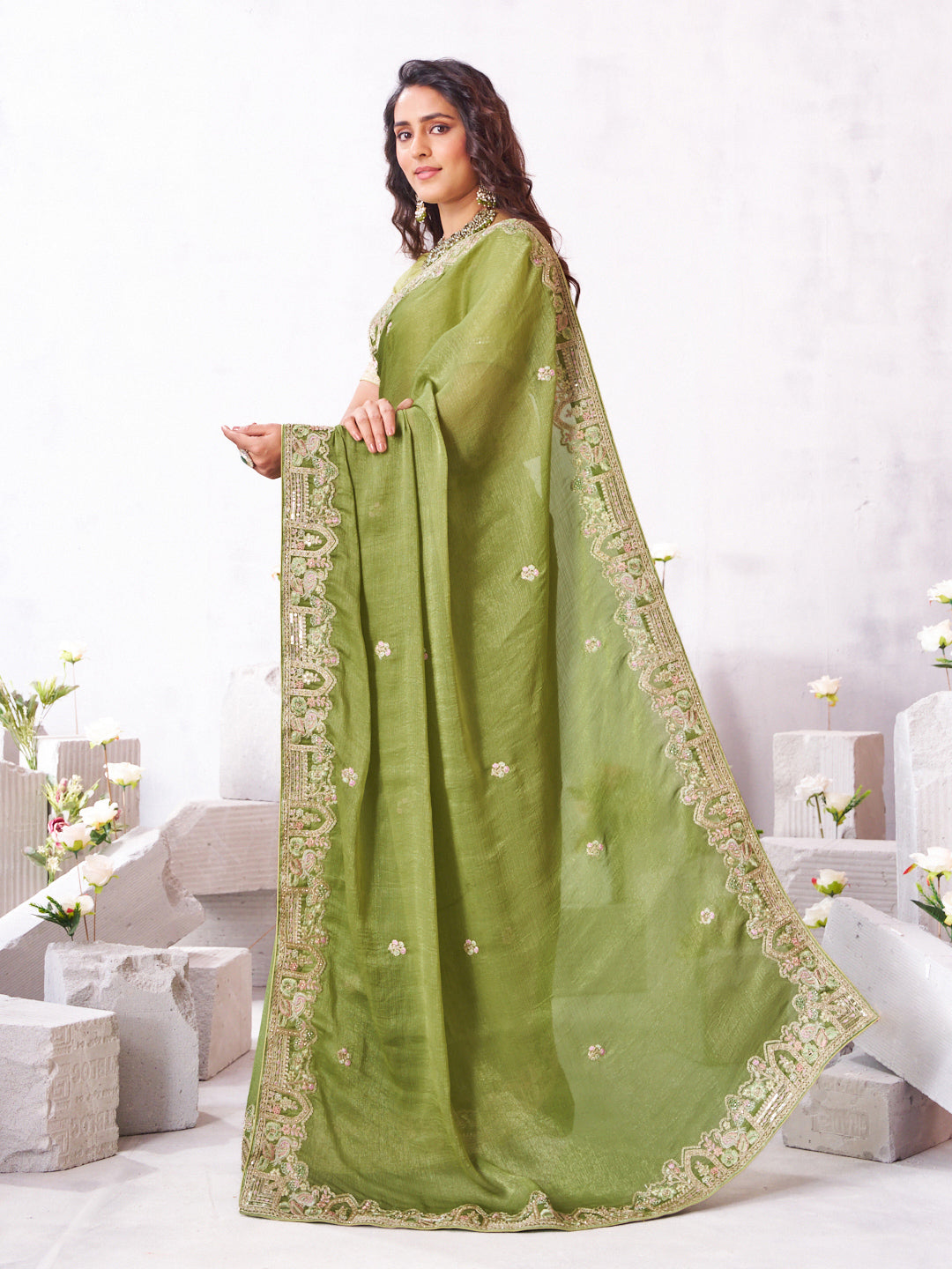 Laxmipati Arpita Green Chiffon Embroidered Saree