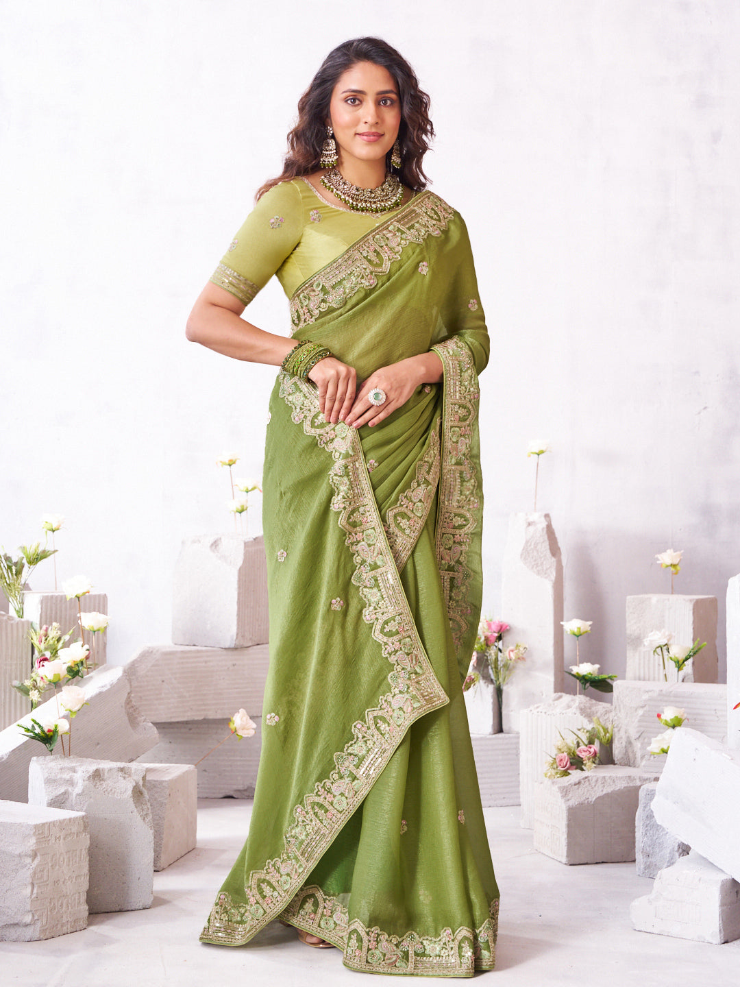 Laxmipati Arpita Green Chiffon Embroidered Saree