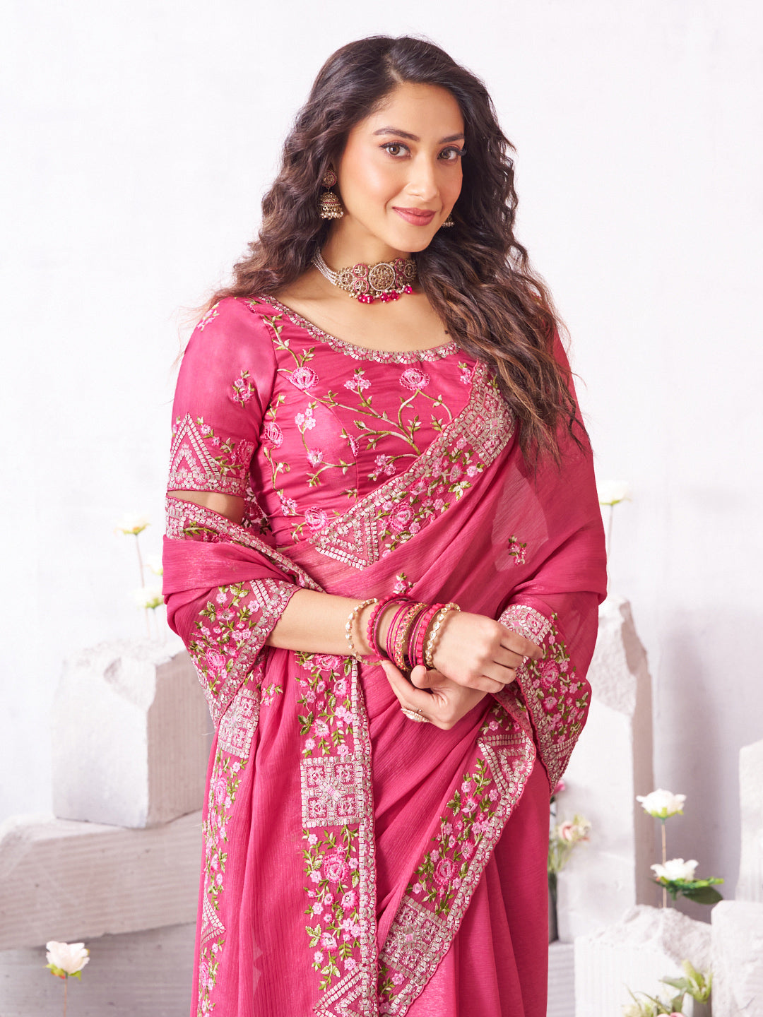 Laxmipati Arpita Pink Silk Blend Embroidered Saree