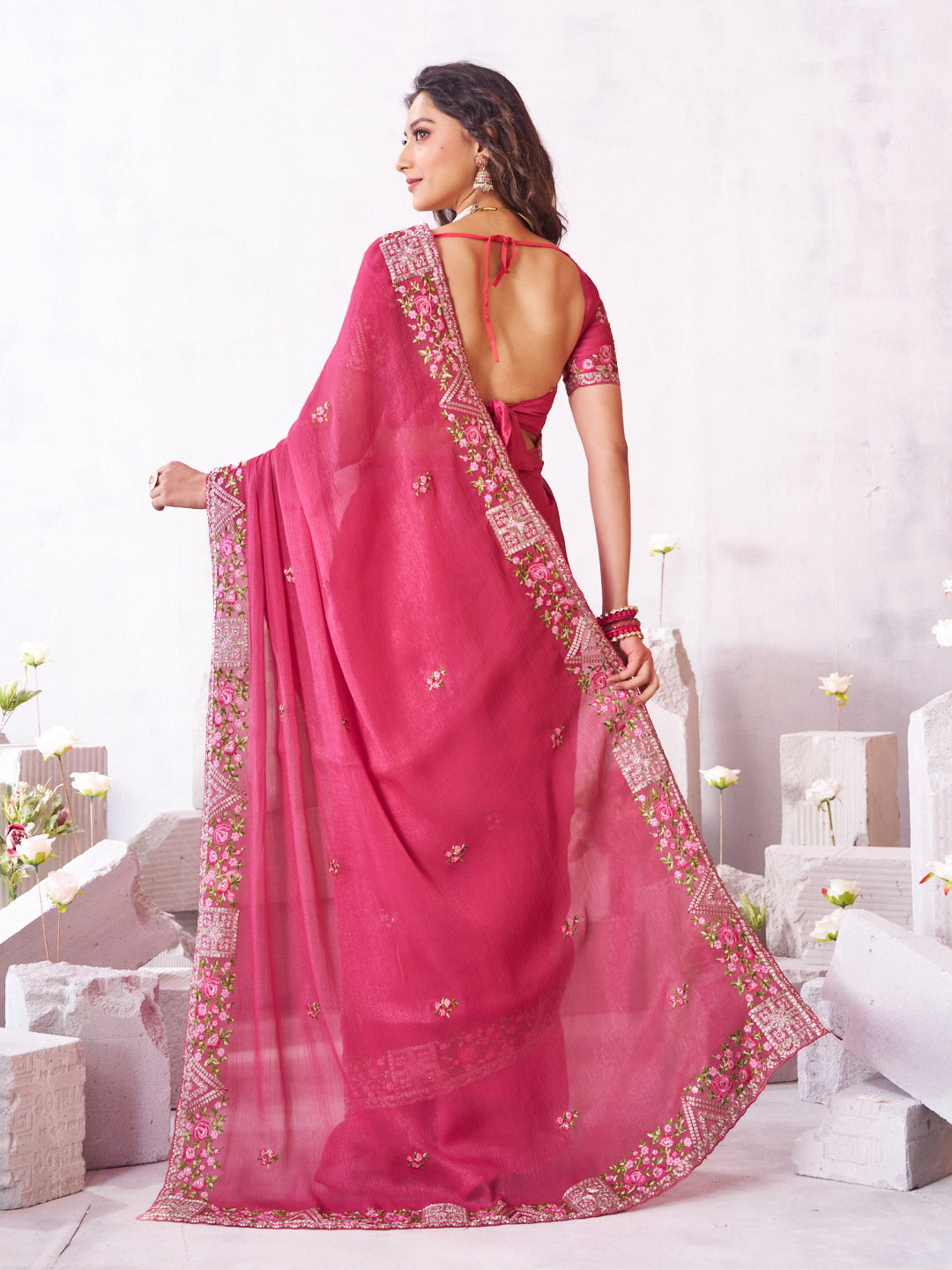 Laxmipati Arpita Pink Silk Blend Embroidered Saree