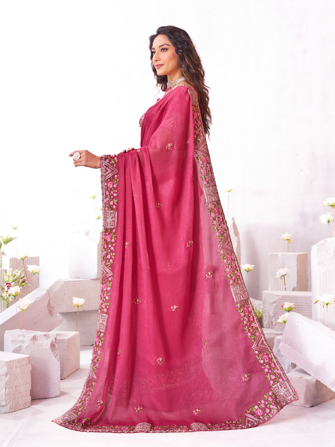 Laxmipati Arpita Pink Silk Blend Embroidered Saree