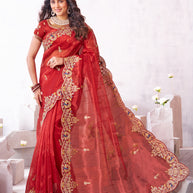 Laxmipati Arpita Red Silk Blend Embroidered Saree