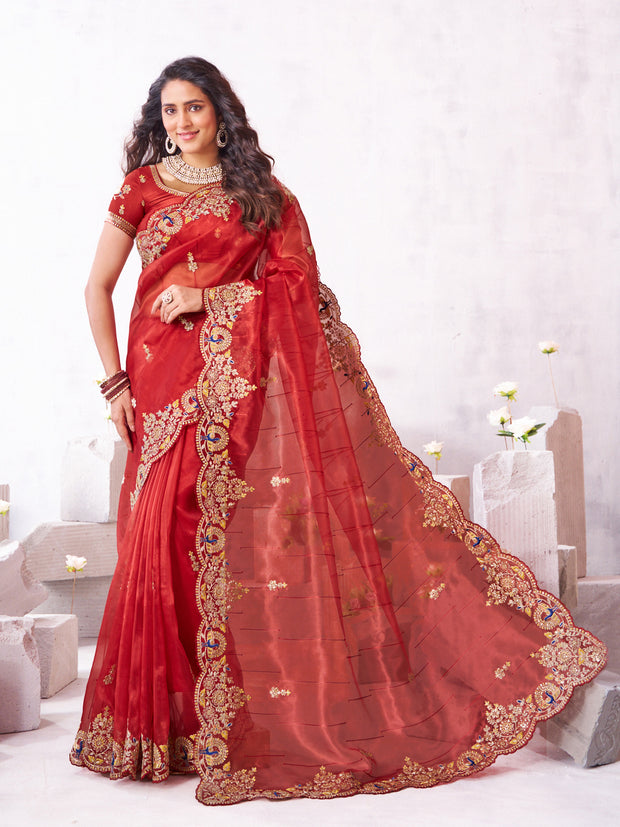 Laxmipati Arpita Red Silk Blend Embroidered Saree