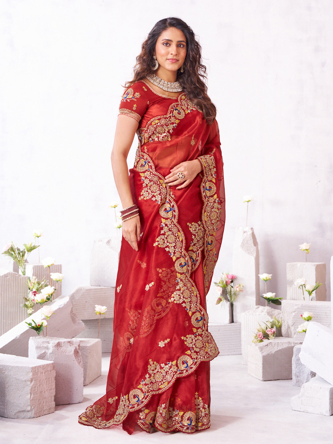 Laxmipati Arpita Red Silk Blend Embroidered Saree