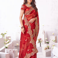 Laxmipati Arpita Red Silk Blend Embroidered Saree