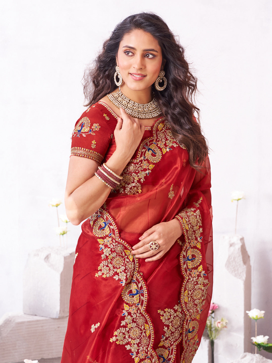 Laxmipati Arpita Red Silk Blend Embroidered Saree