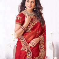 Laxmipati Arpita Red Silk Blend Embroidered Saree