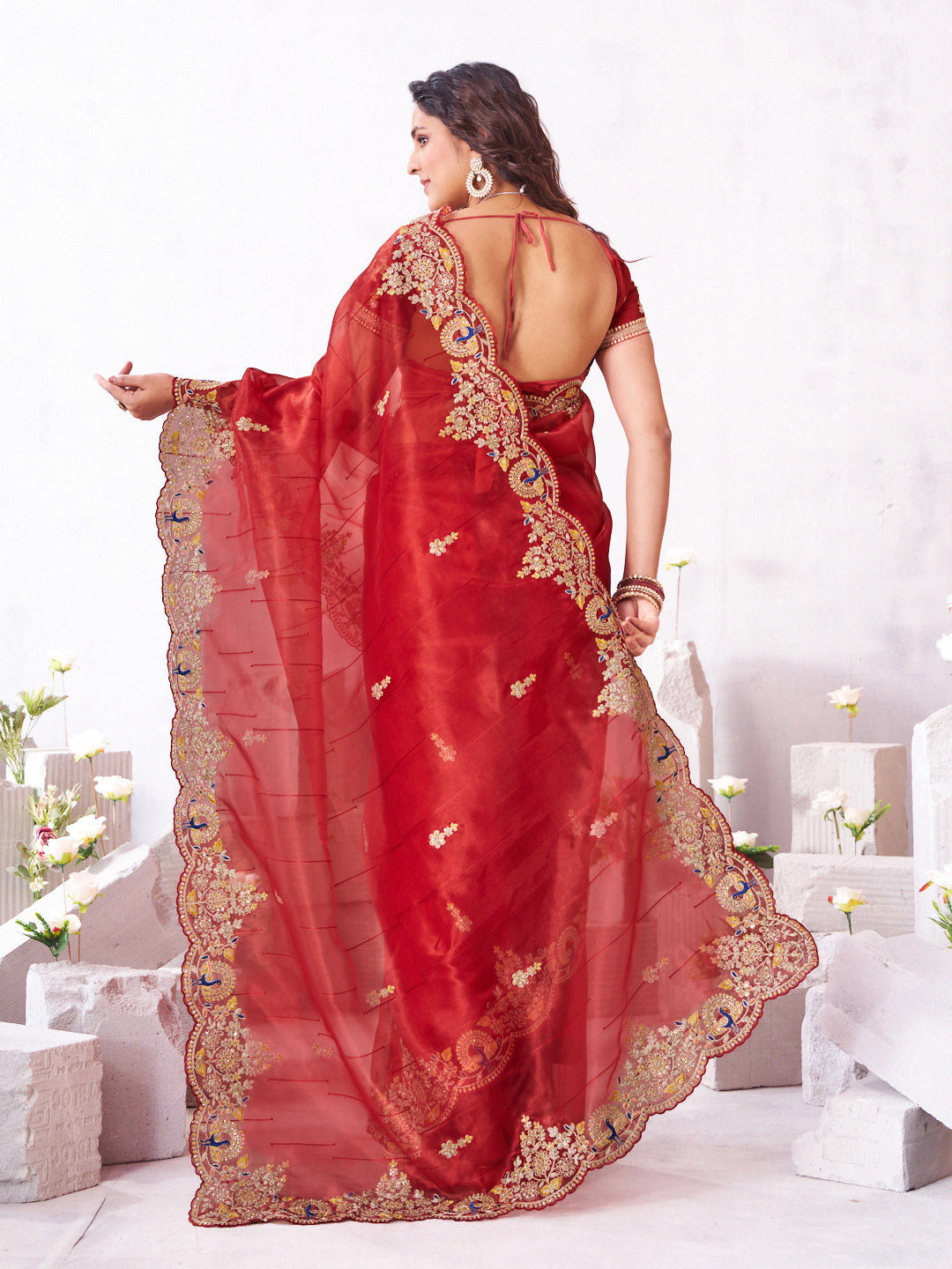 Laxmipati Arpita Red Silk Blend Embroidered Saree