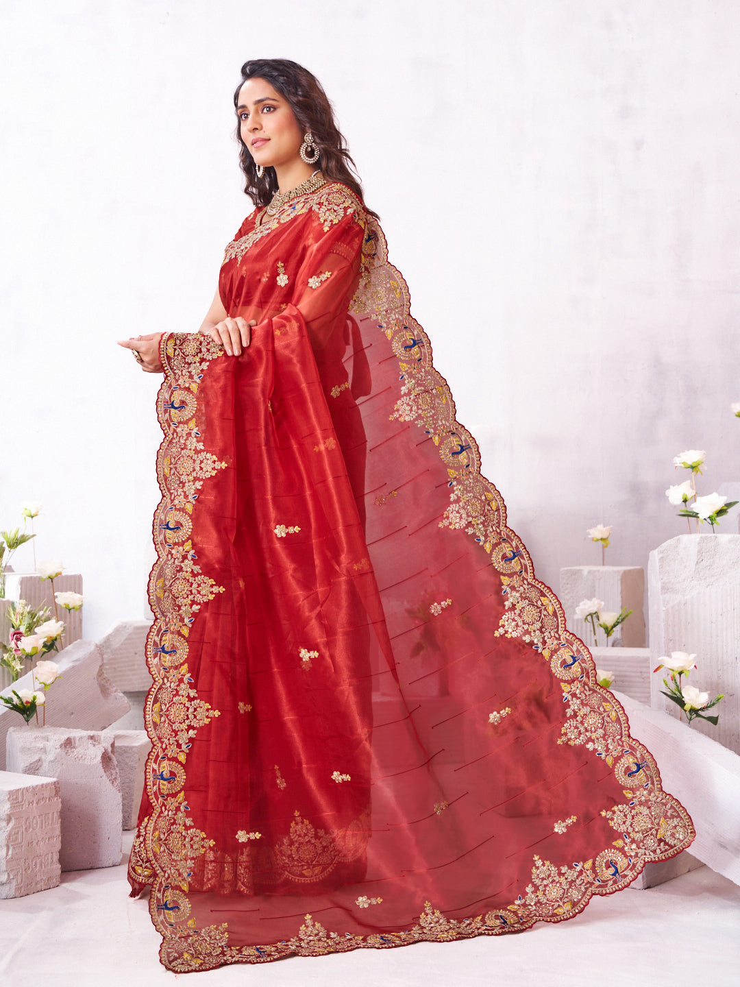 Laxmipati Arpita Red Silk Blend Embroidered Saree