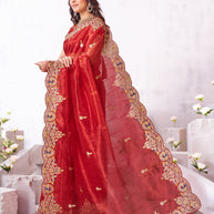 Laxmipati Arpita Red Silk Blend Embroidered Saree