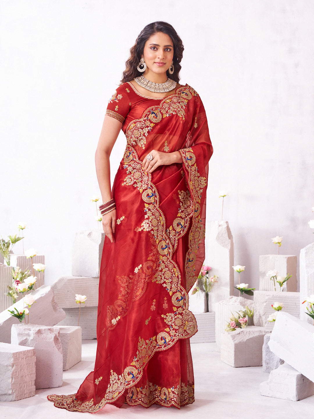 Laxmipati Arpita Red Silk Blend Embroidered Saree