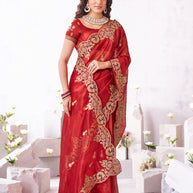 Laxmipati Arpita Red Silk Blend Embroidered Saree