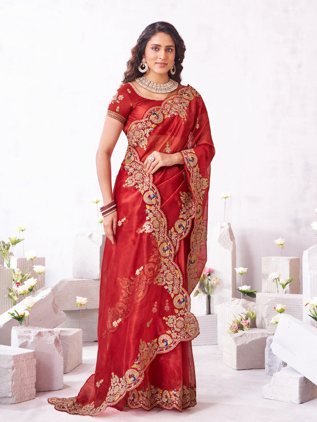Laxmipati Arpita Red Silk Blend Embroidered Saree