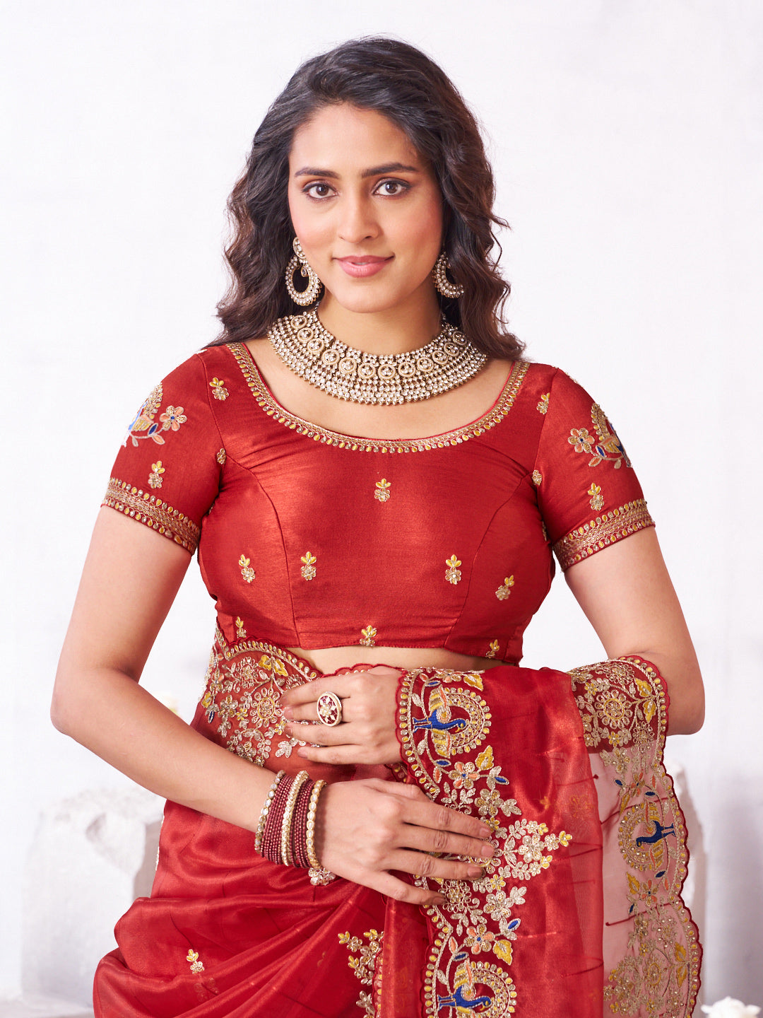 Laxmipati Arpita Red Silk Blend Embroidered Saree