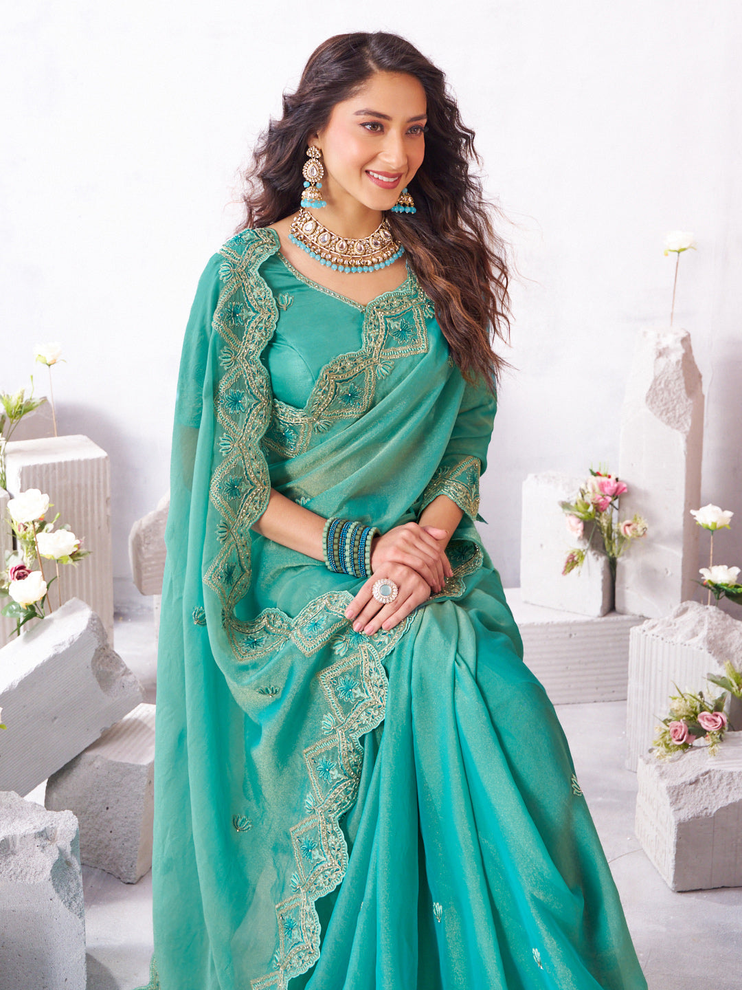 Laxmipati Arpita Blue Silk Blend Embroidered Saree
