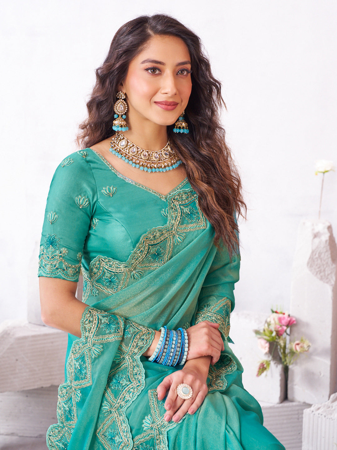 Laxmipati Arpita Blue Silk Blend Embroidered Saree