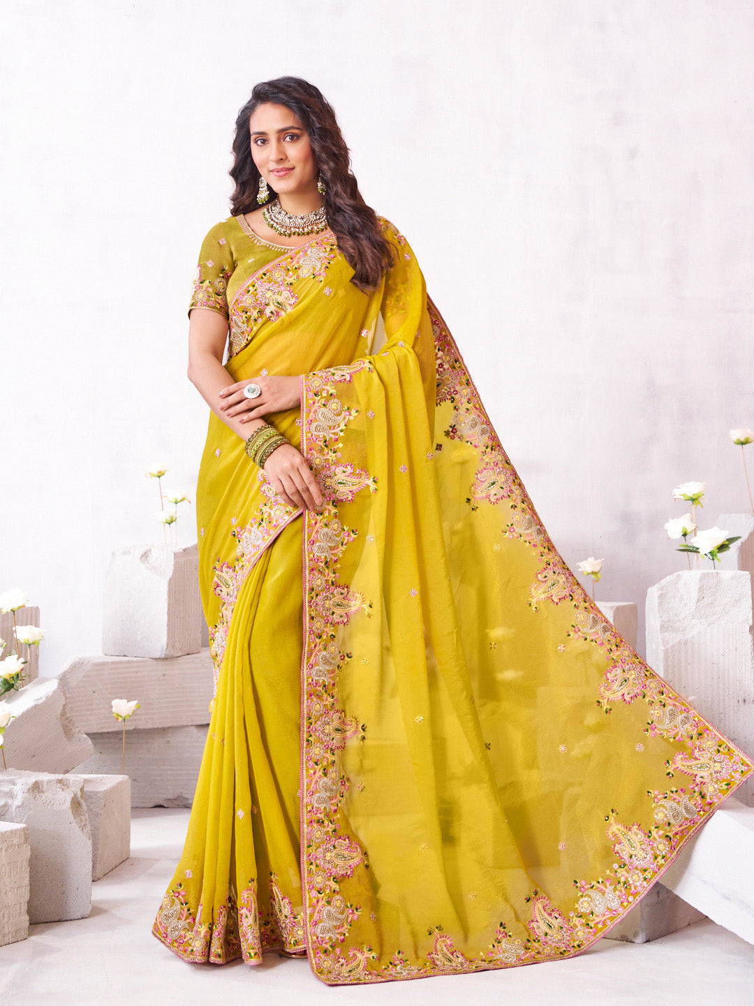 Laxmipati Arpita Mustard Chiffon Embroidered Saree