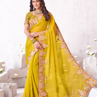 Laxmipati Arpita Mustard Chiffon Embroidered Saree