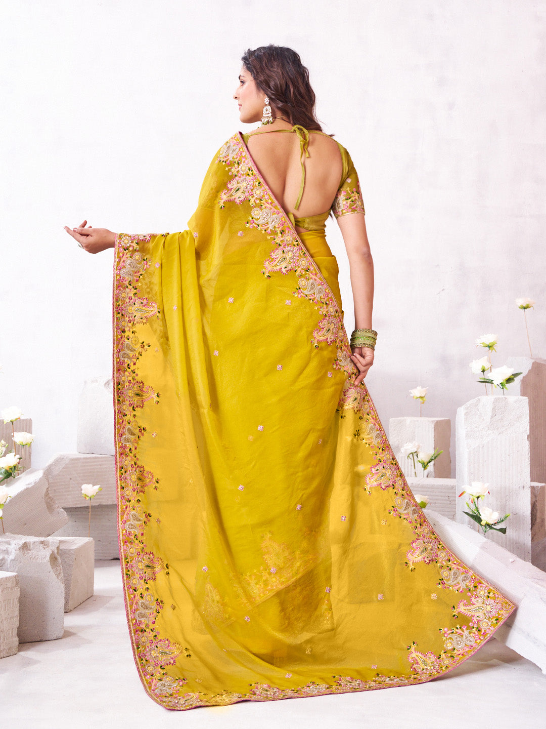 Laxmipati Arpita Mustard Chiffon Embroidered Saree