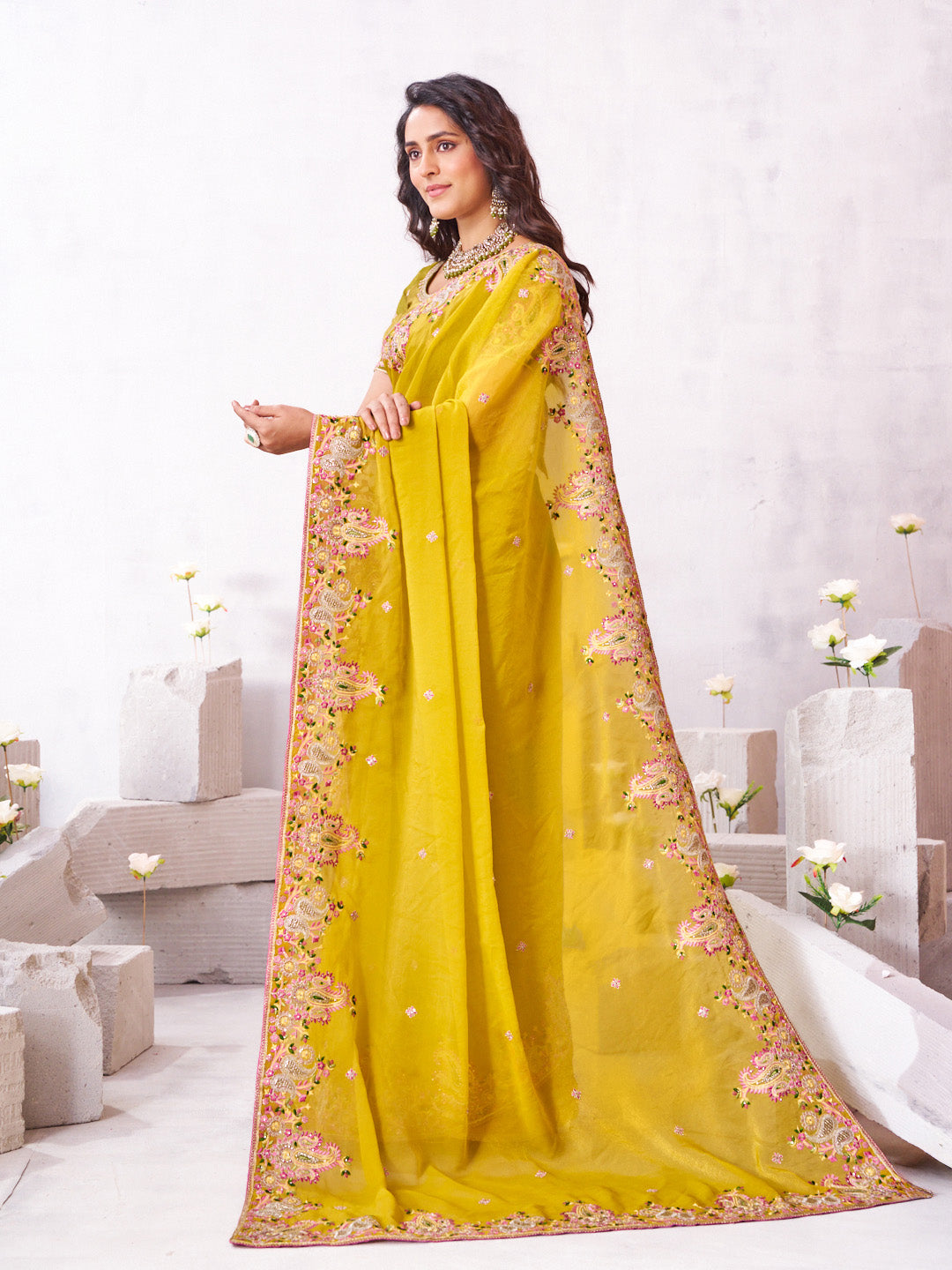 Laxmipati Arpita Mustard Chiffon Embroidered Saree