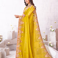 Laxmipati Arpita Mustard Chiffon Embroidered Saree