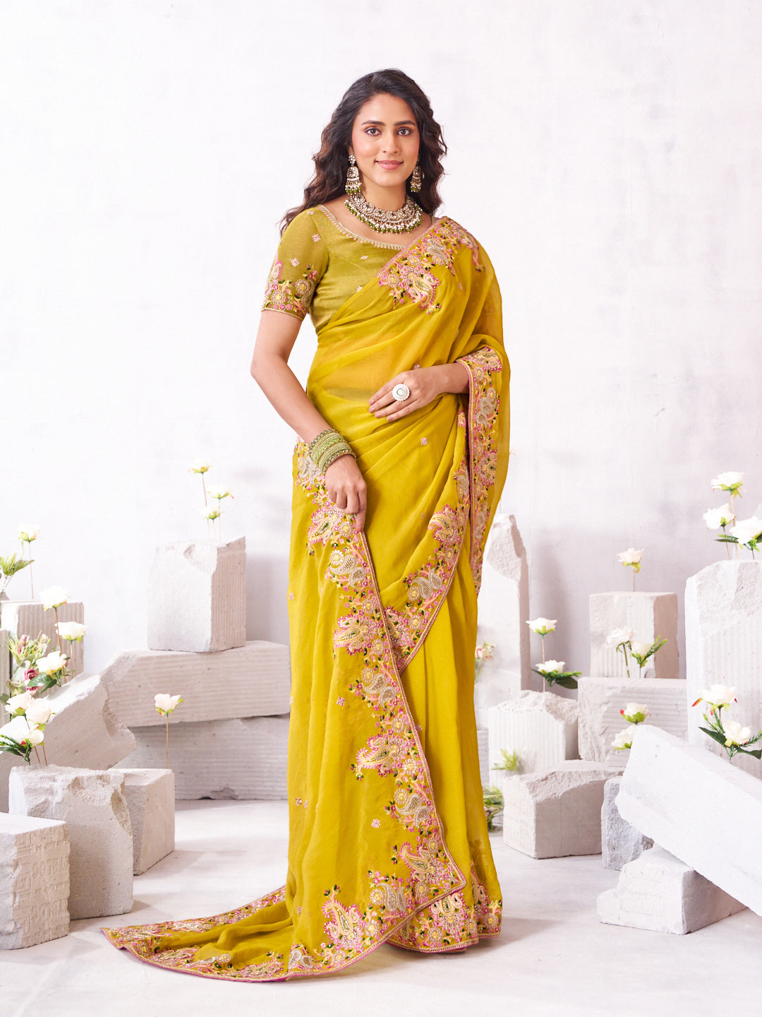 Laxmipati Arpita Mustard Chiffon Embroidered Saree