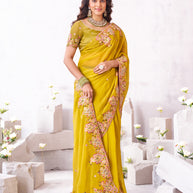 Laxmipati Arpita Mustard Chiffon Embroidered Saree