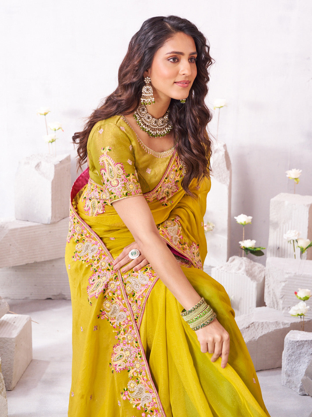 Laxmipati Arpita Mustard Chiffon Embroidered Saree