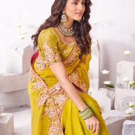 Laxmipati Arpita Mustard Chiffon Embroidered Saree