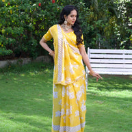 Yellow floral printed silk blend saree daily wear 