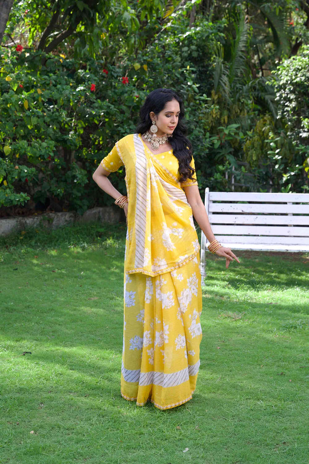 Yellow floral printed silk blend saree daily wear 