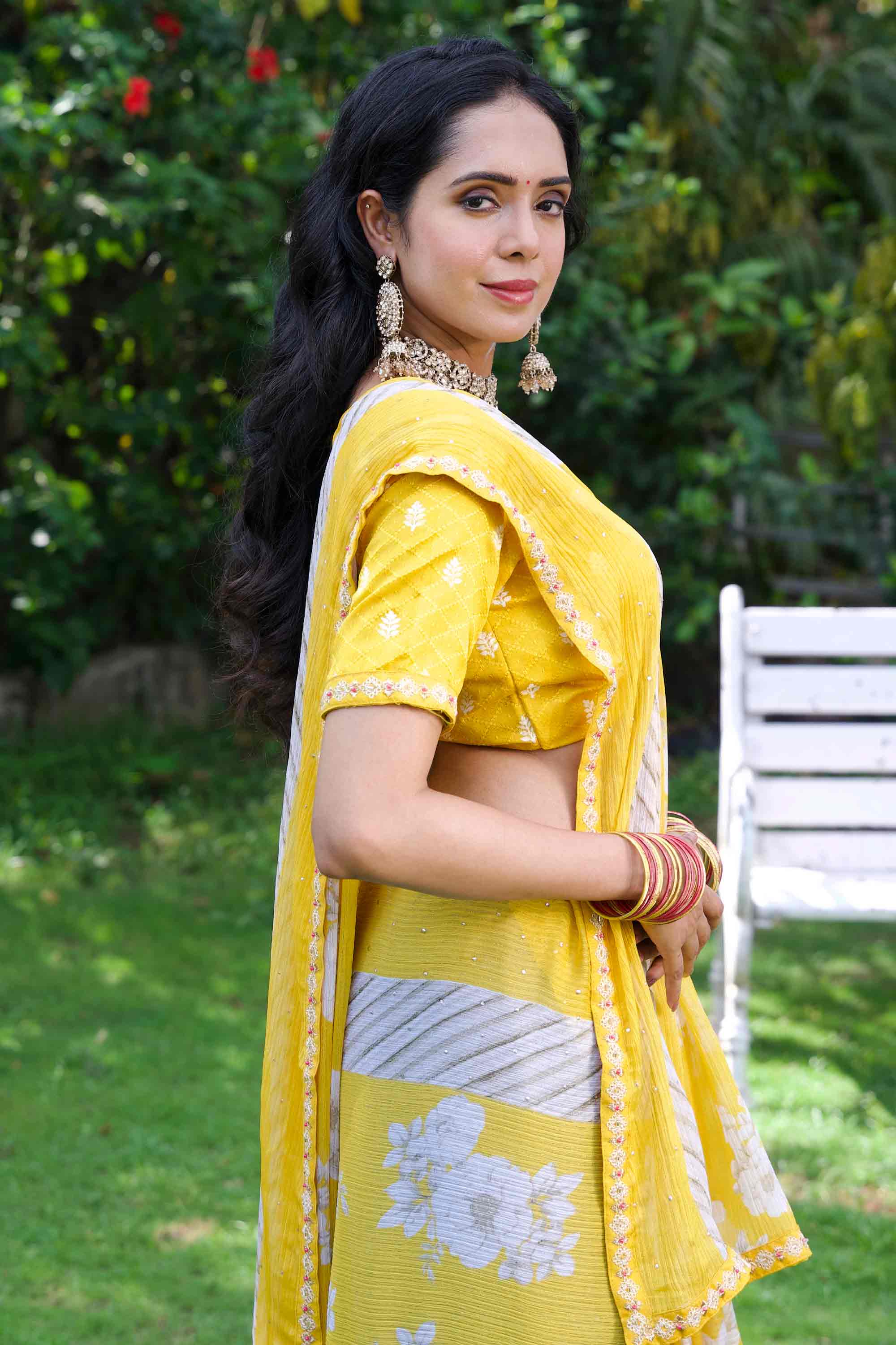Yellow sequin embroidered silk blend saree party wear
