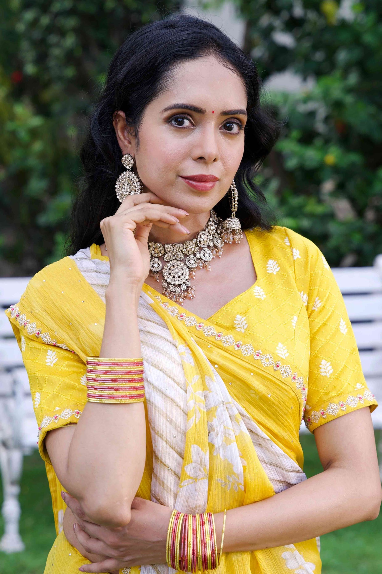 Yellow floral embroidered silk blend saree festive wear 