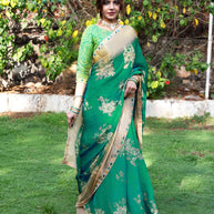 Green floral printed silk blend saree party wear 