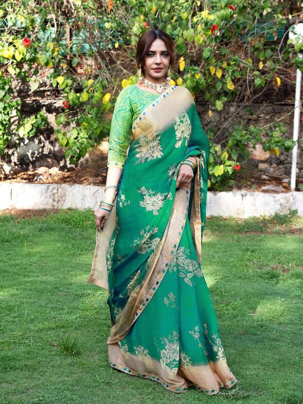 Green floral printed silk blend saree party wear 