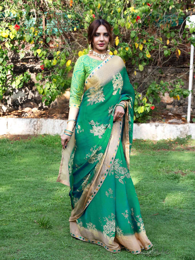 Green floral printed silk blend saree party wear 