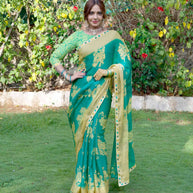Green floral printed silk blend saree daily wear 