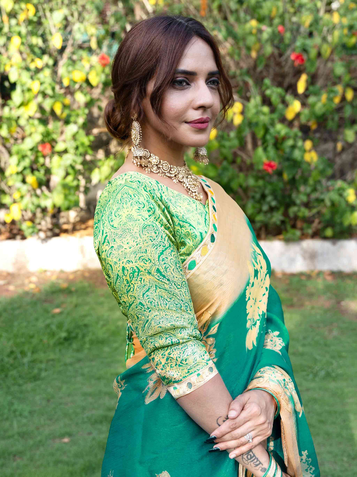Green floral printed silk blend saree festive wear