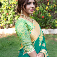 Green floral printed silk blend saree festive wear