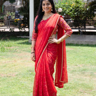 Red zari embroidered chiffon saree party wear 
