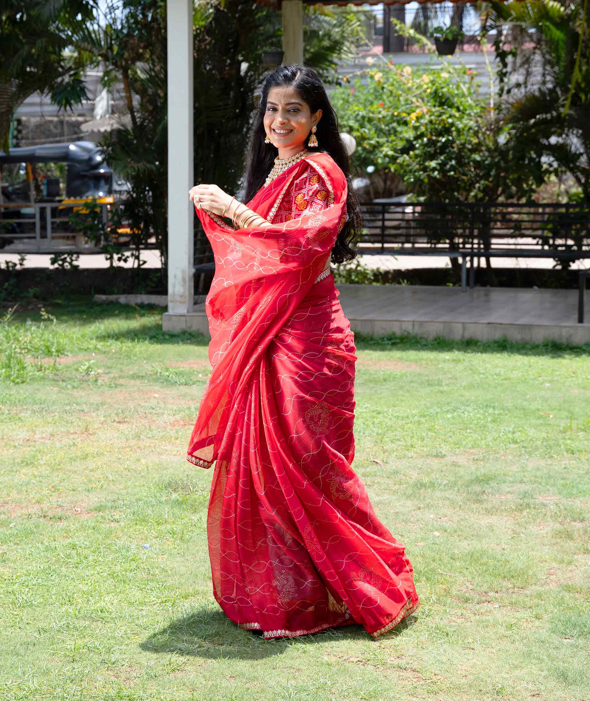 Red sequin embroidered chiffon saree party wear