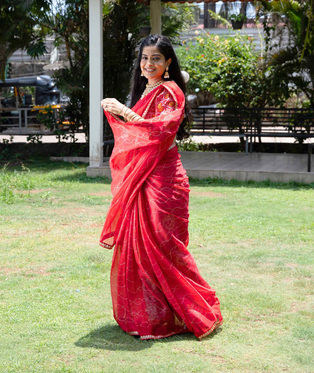 Red sequin embroidered chiffon saree party wear