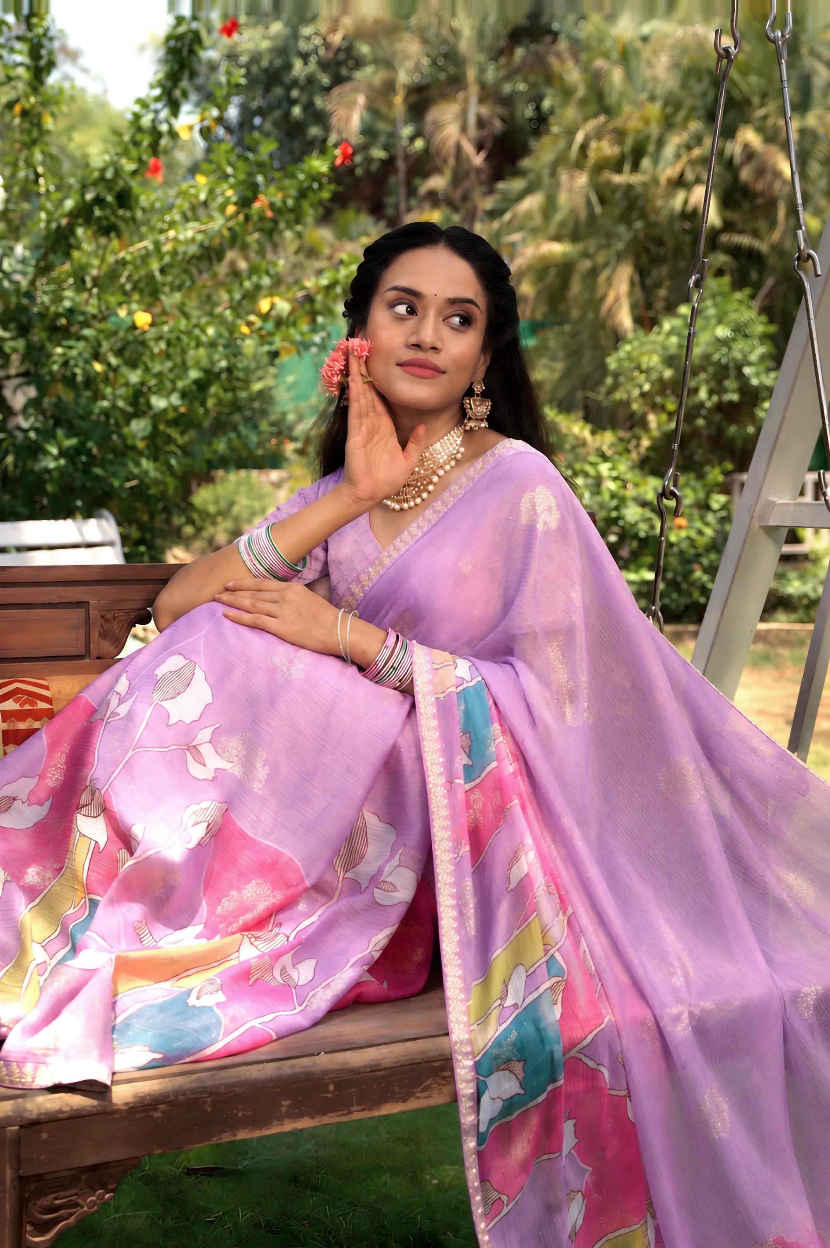 Lavender abstract floral printed chiffon saree party wear 