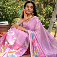 Lavender abstract floral printed chiffon saree party wear 