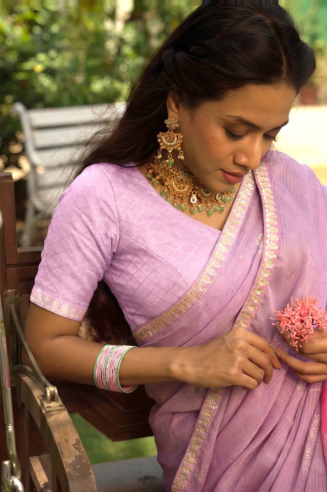 Lavender embroidered chiffon saree wedding wear