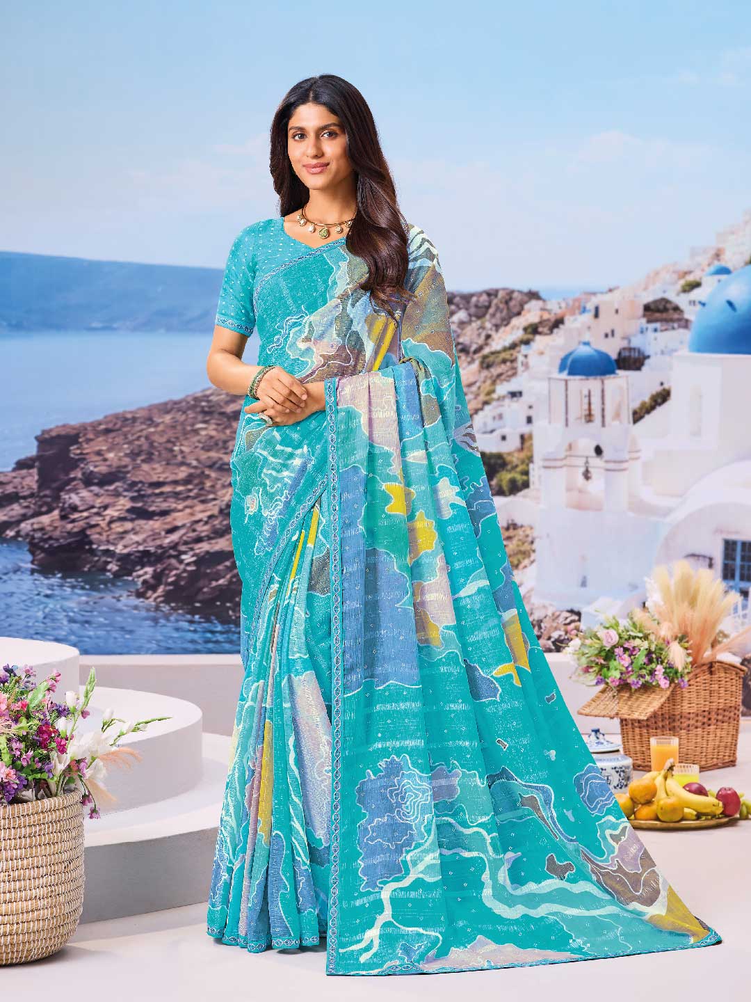 Blue abstract printed saree
